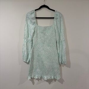 NWT‎ GIANNI BINI Mint Floral Smocked Square Neck Long Sleeve Mini Dress M